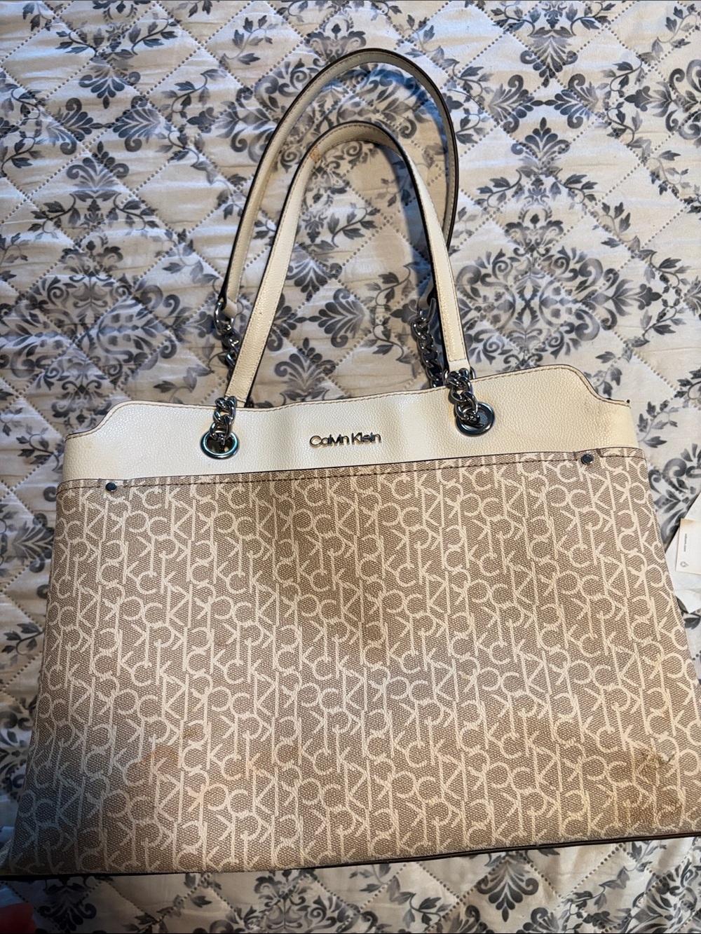 Calvin Klein Cream and Beige Monogram Tote with Chain Handles